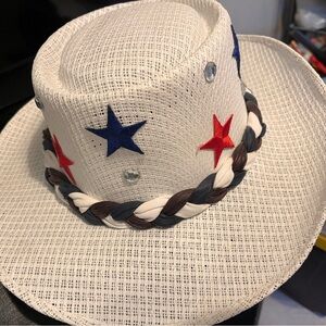 Patriotic White Straw Cowboy Hat with Braided Band